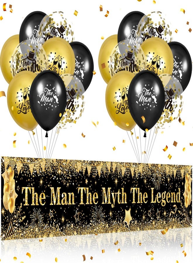 Yoirrat The Man The Myth The Legend Decorations Black Gold Birthday Banner Backdrop with Birthday Party Balloons for Men Dad Father's Day Backdrop Retirement Bachelor Party Supplies - Image 1